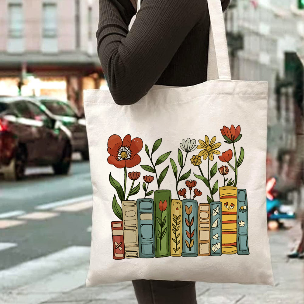 Women Hand Bags For Office - Tote Bag with Bookshelf Print, Large